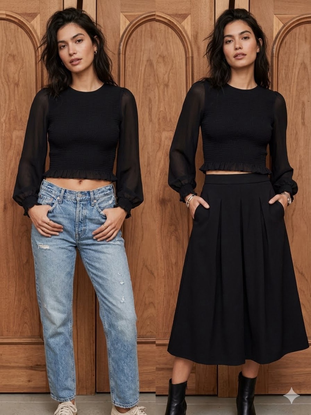 Quince Black Smocked Long-Sleeve Ruffle Hem Blouse